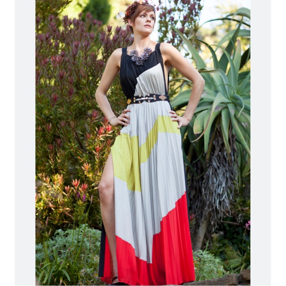 BCBGMaxAzria Runway Kamille Colour-Block Pleated Maxi Dress